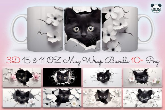 3D Black Cat Sublimation Mug Bundle for Creators