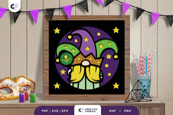 Evaluating the Gnome with Jester Hat 3D Paper Cut SVG for Mardi Gras Projects